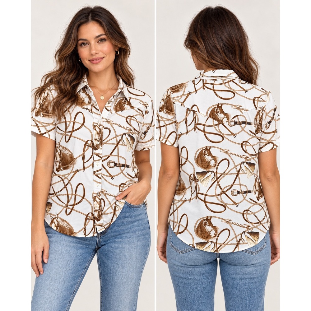 Bit & Bridle Womens XL Horse Print Western Short Sleeve Button Down Shirt White